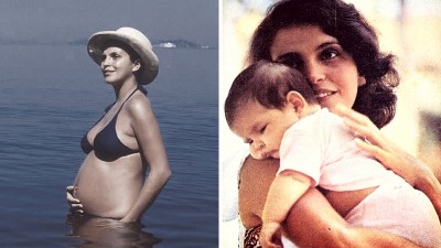 Leila na praia gravida e%2c depois%2c com a filha%2c Janaína