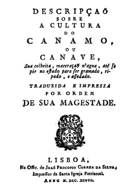 Volume dedicado à cultura do cânhamo impresso em Lisboa em 1798