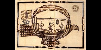Gravura ilustrativa da invenção de Bartolomeu de Gusmão (A Passarola) que apresentou ao Rei D.João V de Portugal em 1709 um protótipo de balão de ar quente.