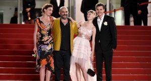 CANNES, FRANCE - MAY 20: (L-R) Aomi Muyock, director Gaspar Noe, Klara Kristin and Karl Glusman attend the "Love" Premiere during the 68th annual Cannes Film Festival on May 20, 2015 in Cannes, France. (Photo by Ian Gavan/Getty Images)
