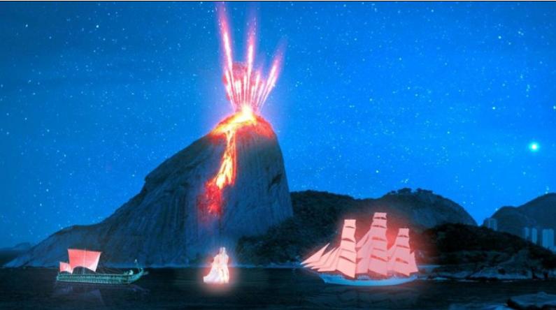 Após o encontro mitológico entre Poseidon e Iemanjá o Pão de Açúcar se transformaria em um vulcão no Festival de Luzes