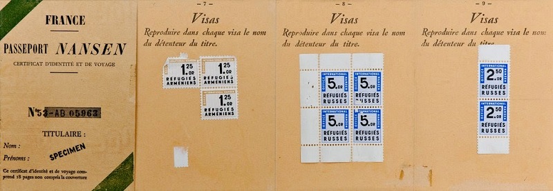 Passaporte de Nansen, usado por 40,1 milhões de refugiados sem-pátria entre 1914 e 1945, na Europa e Ásia